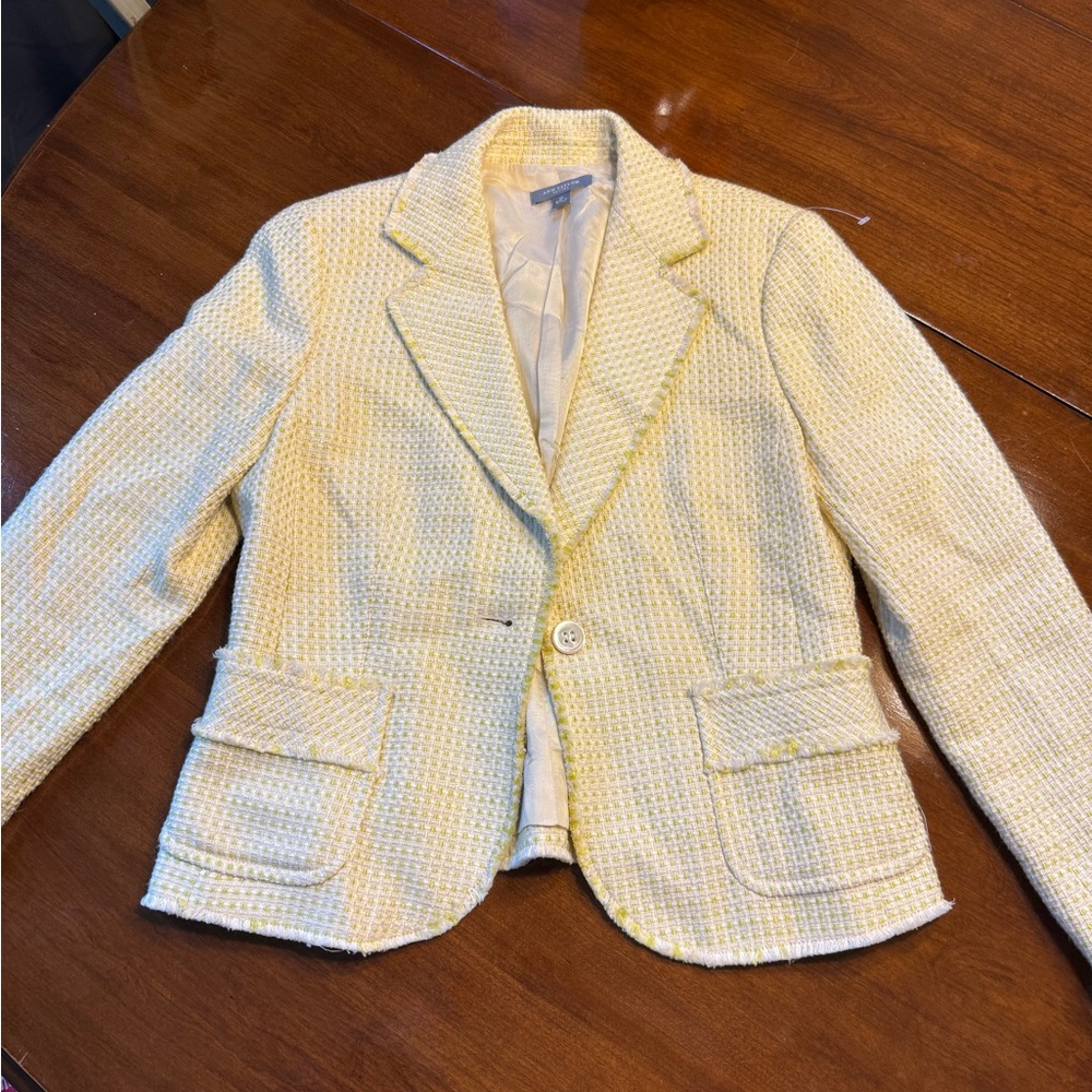 Ann Taylor yellow raw edge basket weave tweed Single Button Blazer Jacket. Sz 6P